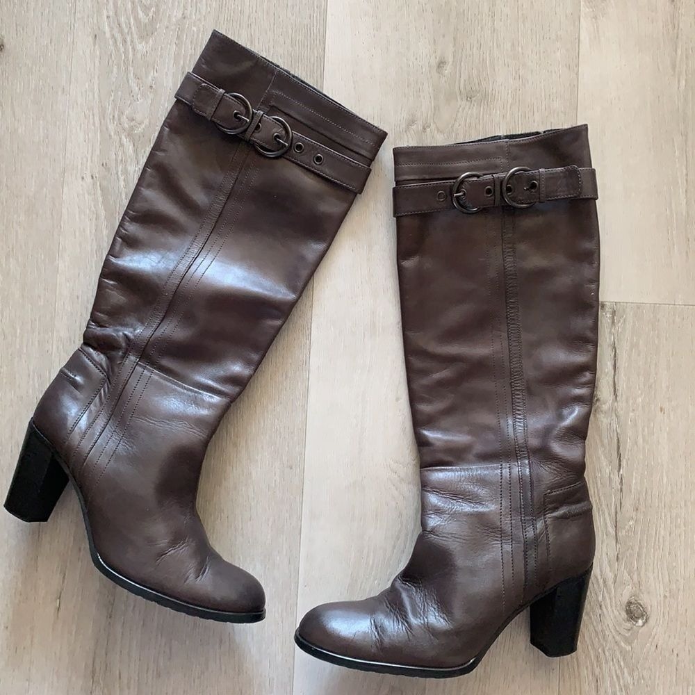 Prialpas Gray Italian Leather Boot chunky heels‎ buckles details size 38